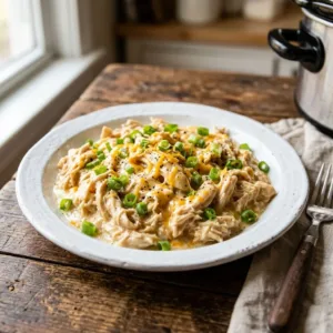 Slow cooker cream cheese chicken dish served with herbs and spices