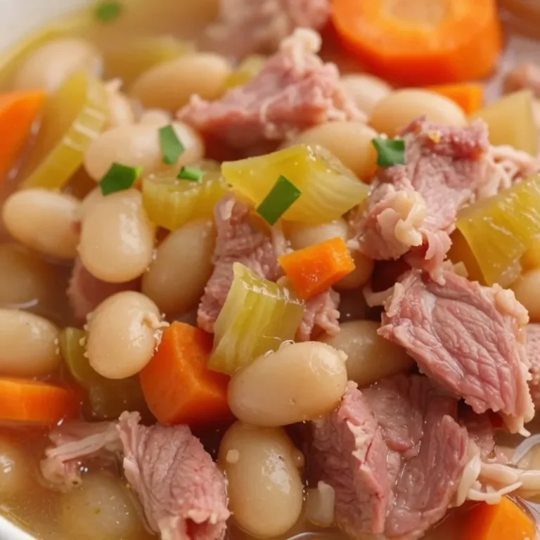 Slow cooker ham and bean soup served in a bowl with fresh herbs