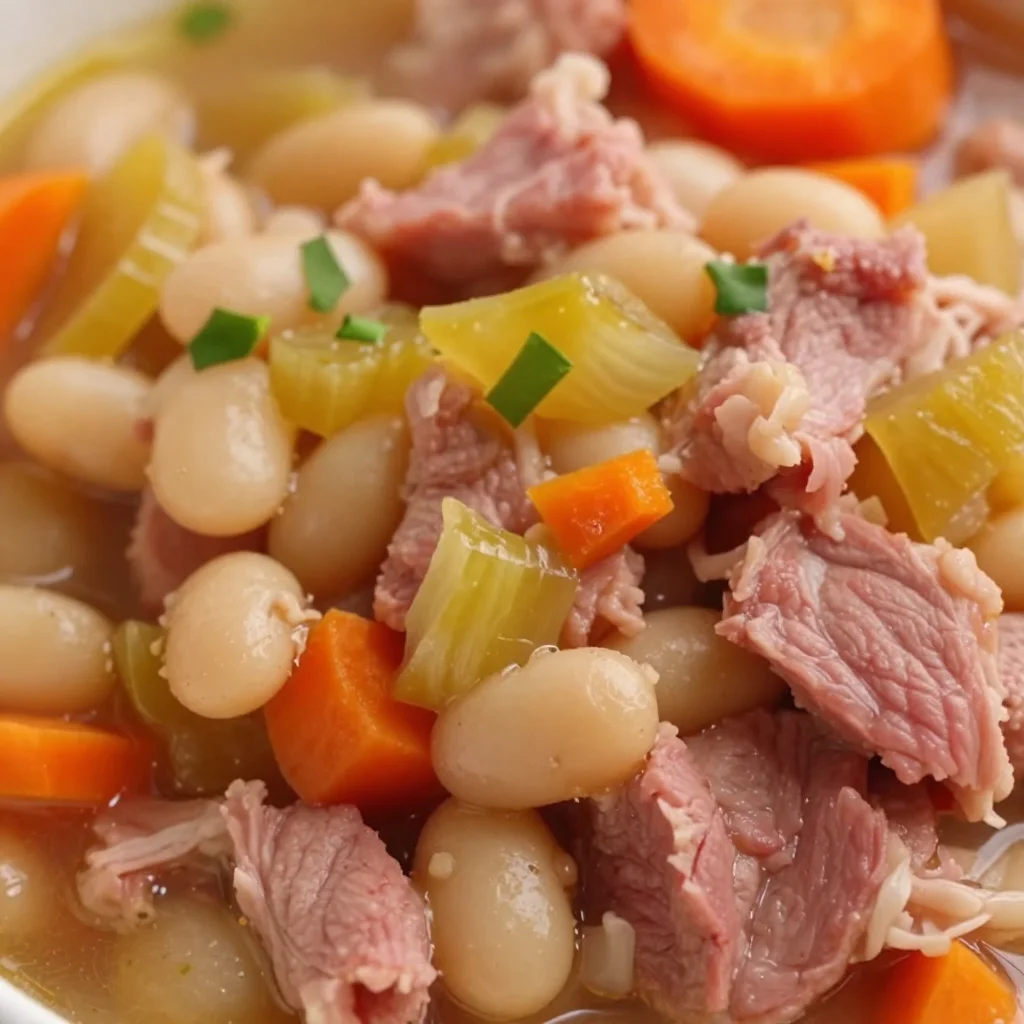 Slow cooker ham and bean soup served in a bowl with fresh herbs