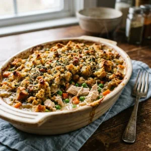 Delicious Stuffing and Chicken Casserole served in a baking dish