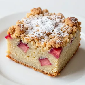 Delicious homemade rhubarb cake with fresh rhubarb and a crumbly topping
