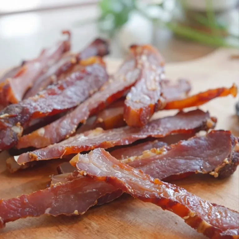 Homemade turkey jerky displayed on a rustic wooden table.
