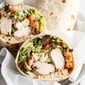 Delicious homemade Chicken Caesar Wrap with romaine lettuce and dressing