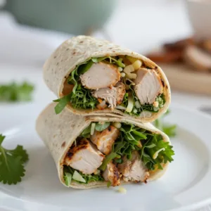 Quick chicken Caesar salad wraps served on a plate with fresh ingredients.