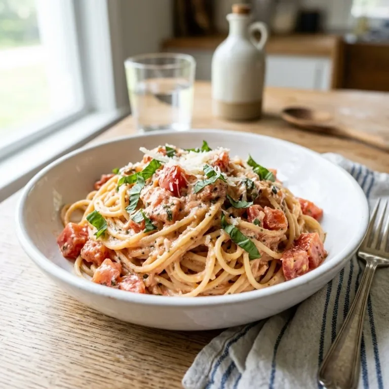 Delicious Tomato Basil Pasta with light ricotta cream sauce on a plate.