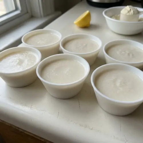 Six small 4-ounce silicone cups of set bariatric gelatin snack on a white kitchen counter