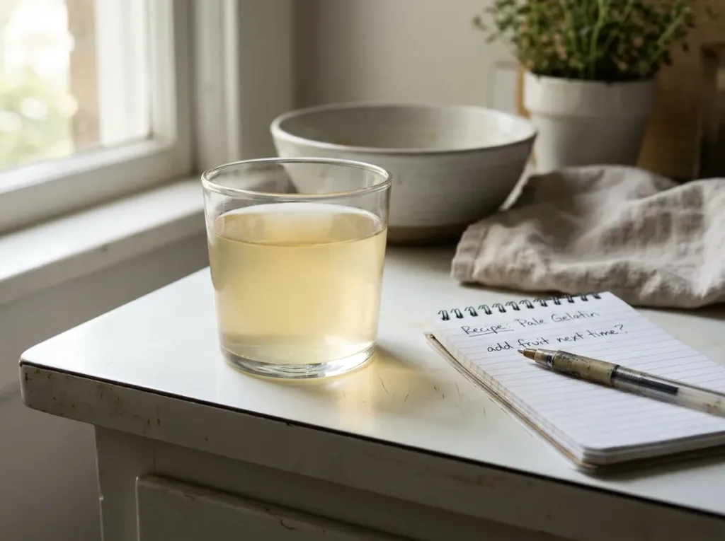 A glass cup of set gelatin snack beside a small notepad with handwritten notes on a kitchen counter