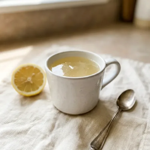 warm dr berg gelatin trick drink in a white mug with a lemon slice on a cream linen