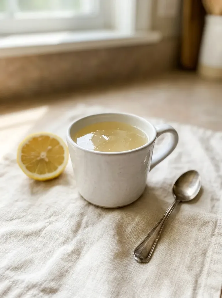 warm dr berg gelatin trick drink in a white mug with a lemon slice on a cream linen