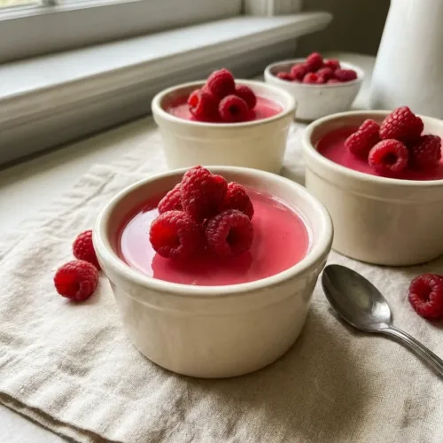 small ramekins of pink dr mindy pelz jello with fresh raspberries on a cream linen