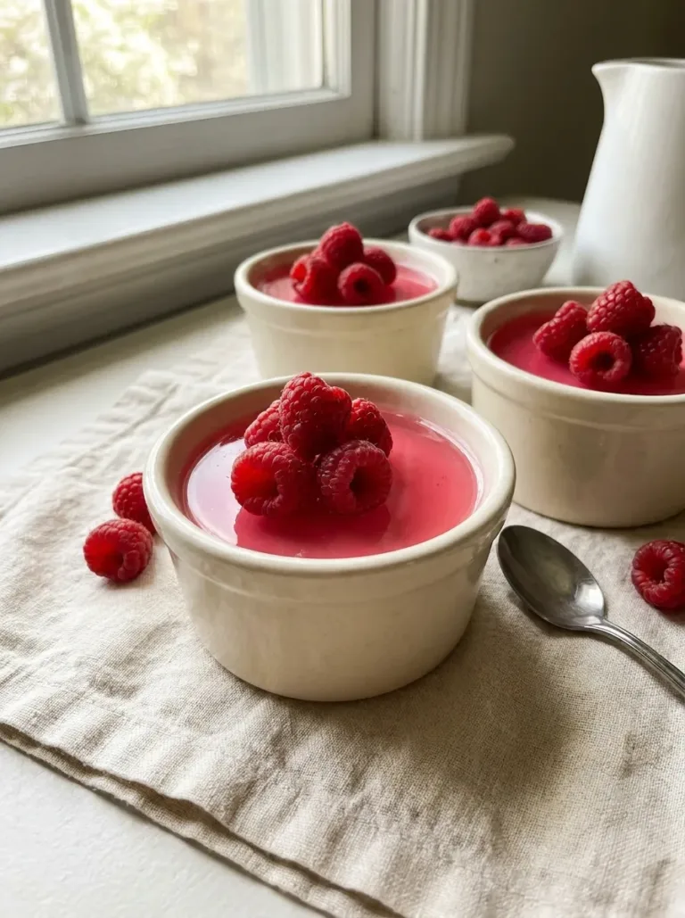 small ramekins of pink dr mindy pelz jello with fresh raspberries on a cream linen