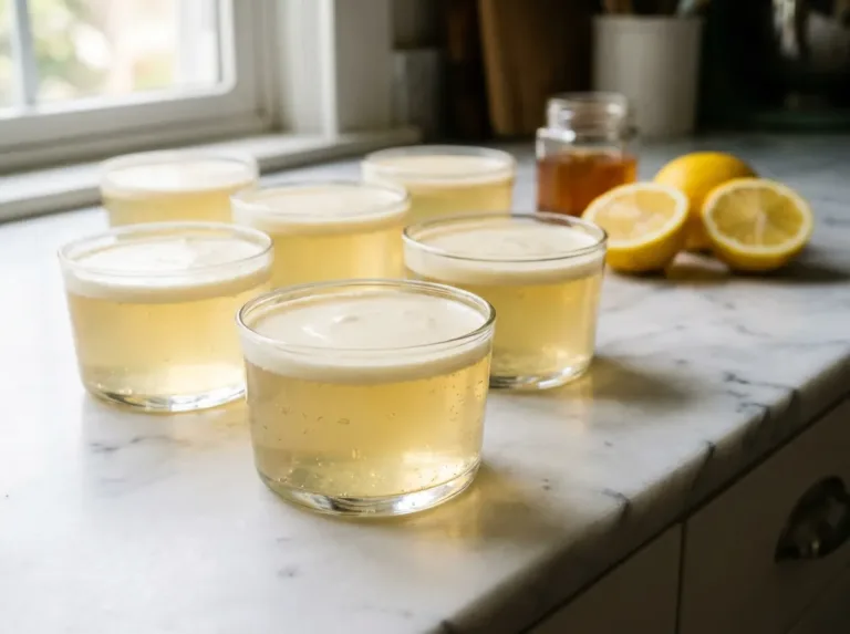 Six individual glass cups of set gelatin snack with Greek yogurt on a white kitchen counter, natural daylight