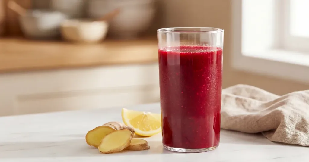 Tall glass of bright red spicy beetroot celery juice with ginger on white table