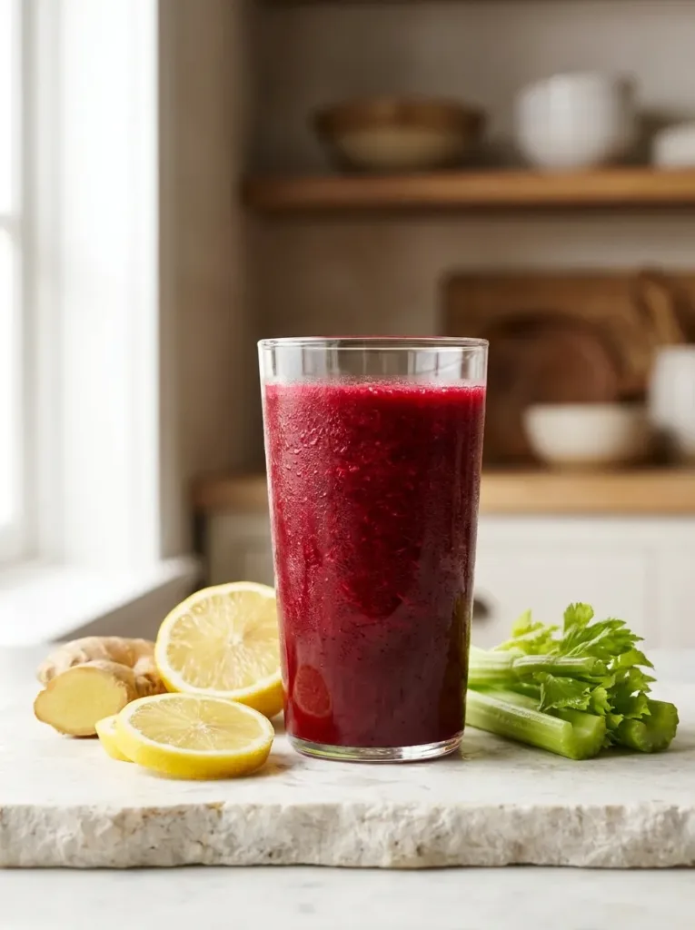 Tall glass of bright red spicy beetroot celery juice with ginger on white table