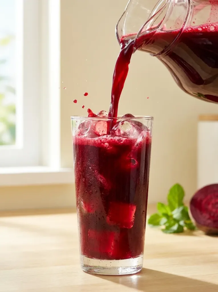 Action shot of red beetroot juice pouring over ice cubes into glass