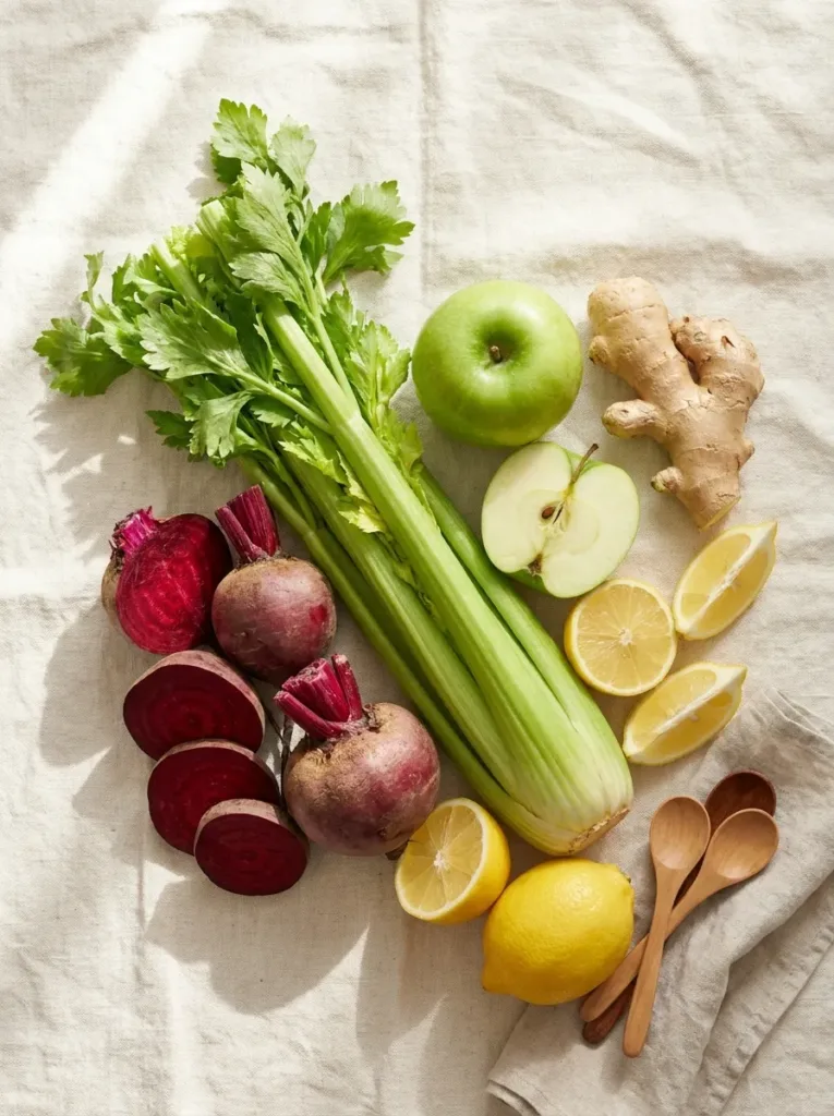 Raw beets celery apple ginger and lemon laid out on cream surface