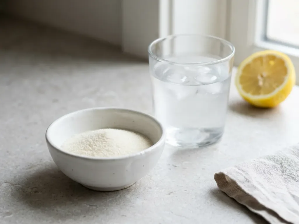 Close-up of unflavored gelatin powder in a small bowl beside a glass of water on a white counter