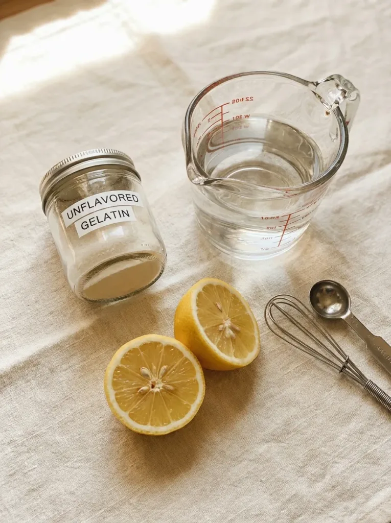 three ingredients for dr berg gelatin trick on a cream linen with a small whisk