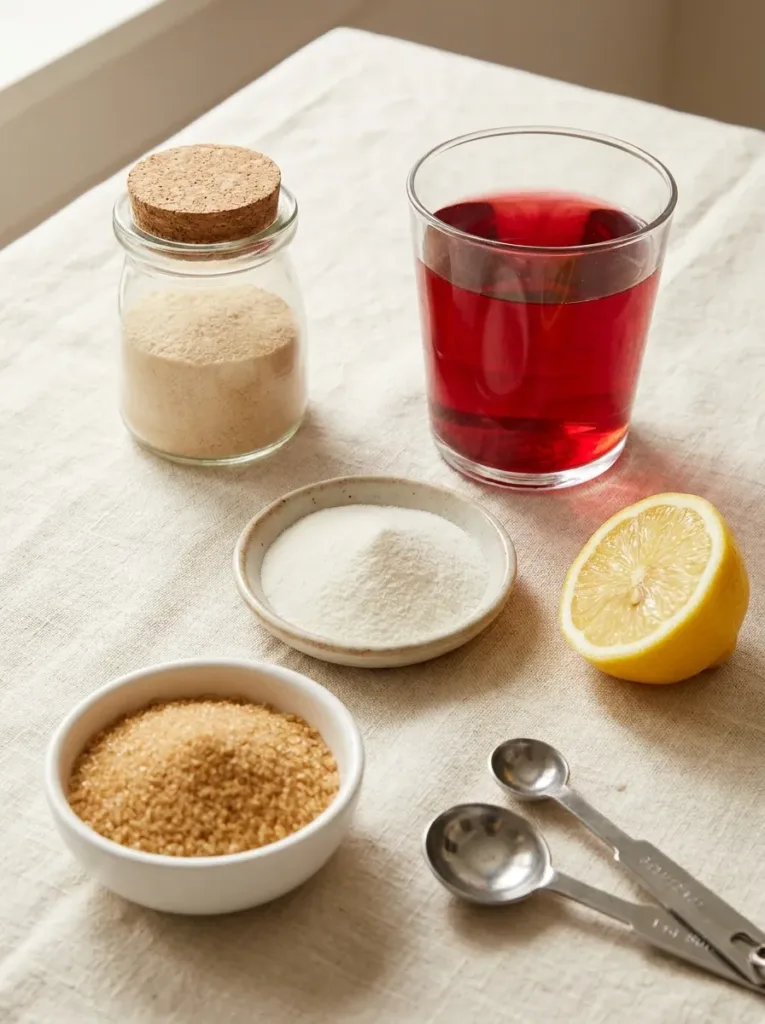 five ingredients for dr mindy pelz jello arranged on a cream linen with measuring spoons