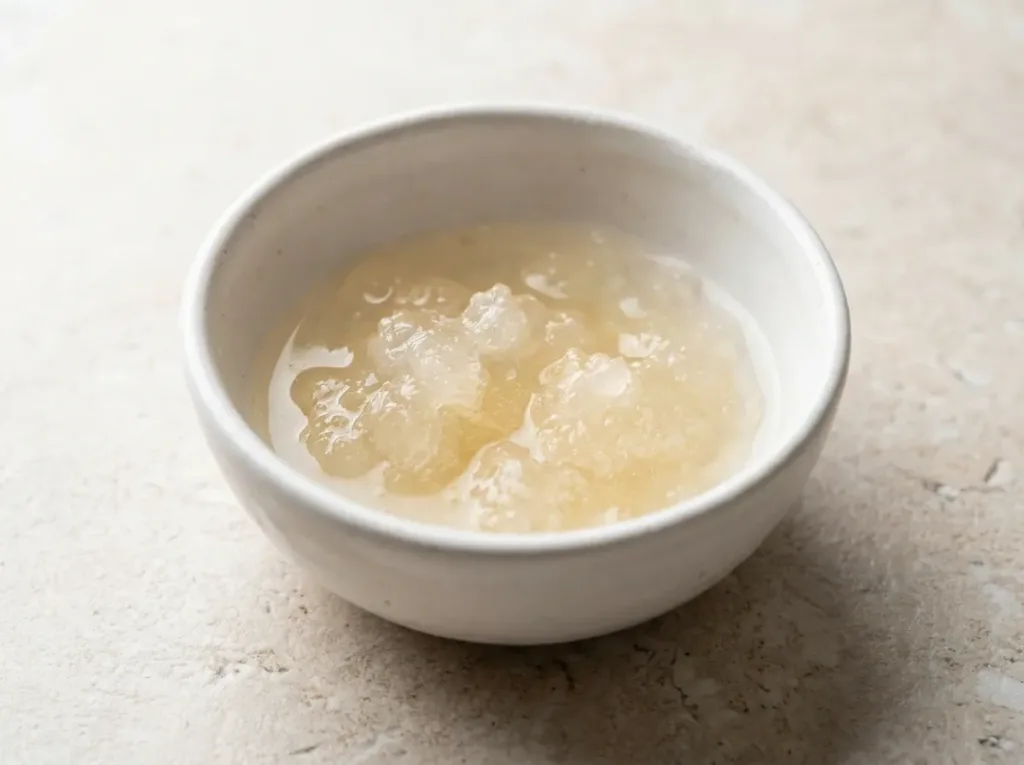 Small white bowl with gelatin powder blooming in cold water, close-up kitchen counter
