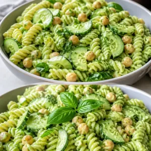 Fresh green goddess pasta salad with vibrant vegetables and herbs.