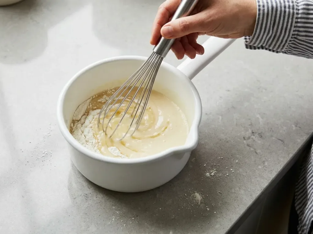 Whisking protein powder into warm gelatin liquid in a small white saucepan on kitchen counter