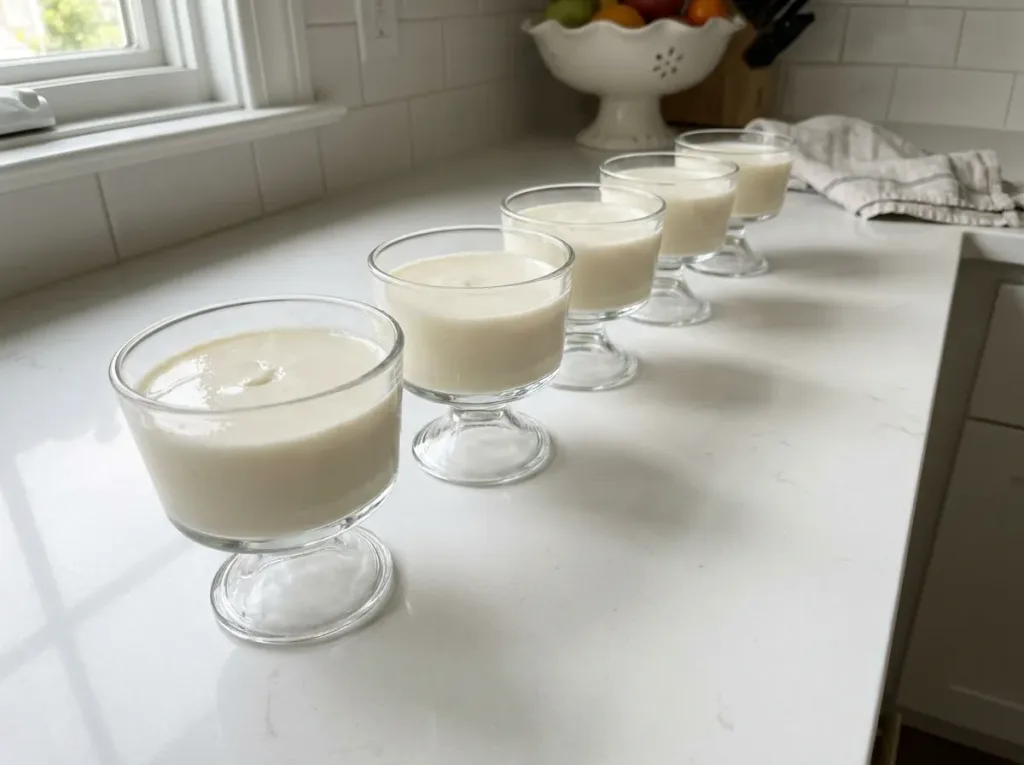 Row of six individual gelatin snack cups on a kitchen counter representing a week of meal prep