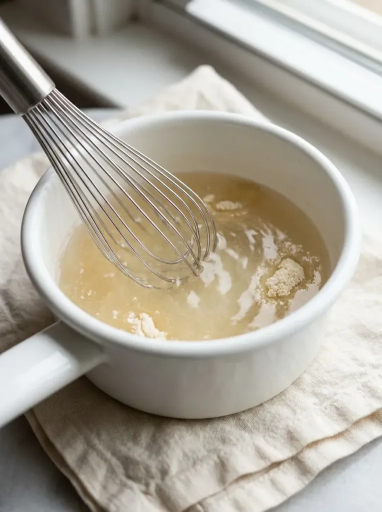 whisking gelatin powder into hot water in a small white saucepan