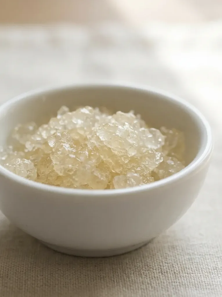 bloomed gelatin in a small white bowl showing proper sponge texture