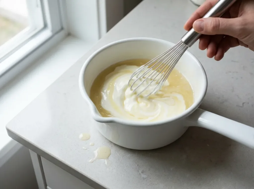 Whisking Greek yogurt into warm gelatin liquid in a small saucepan, kitchen counter