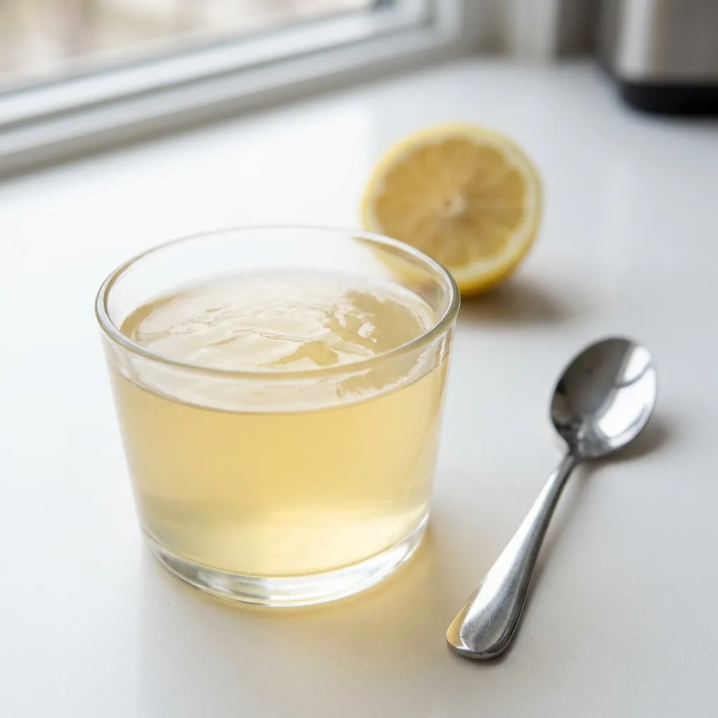 Single 4-ounce cup of set bariatric gelatin with a small spoon beside it on a white counter