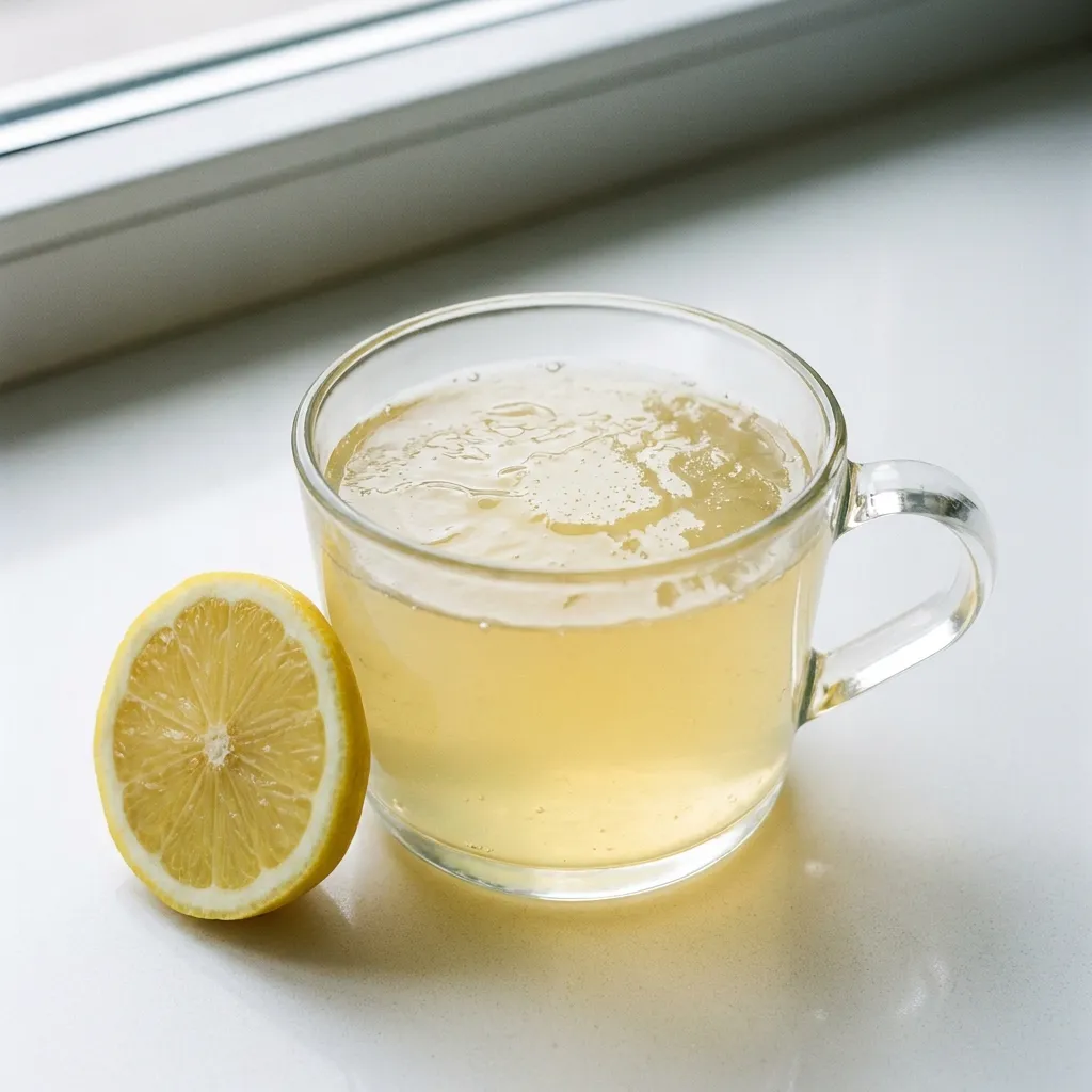 Single glass of set gelatin trick snack with lemon beside it on a white kitchen counter