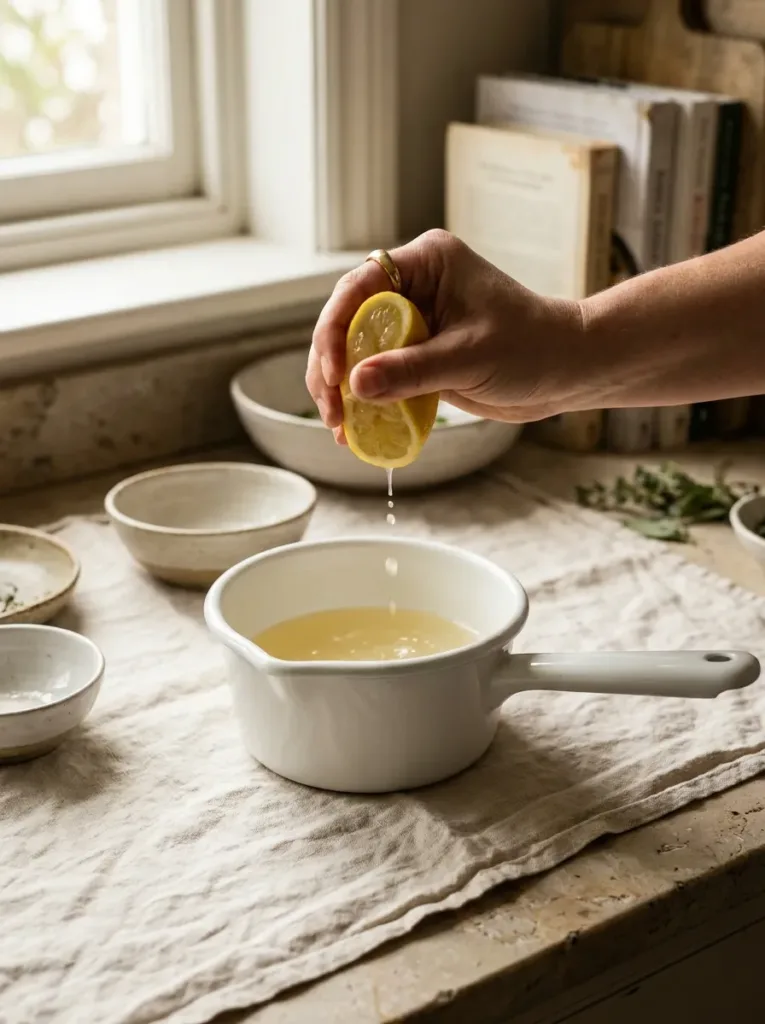 squeezing fresh lemon juice into a small saucepan of warm gelatin drink