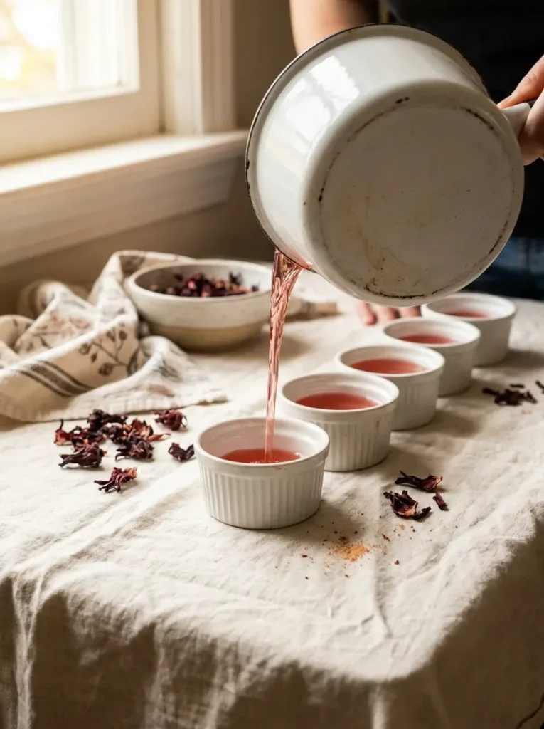 pouring pink hibiscus jello mixture into small white ramekins