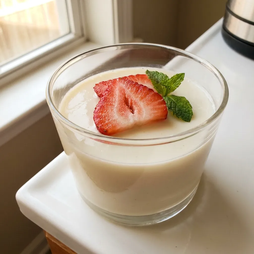 Single glass cup of set Jillian Michaels inspired gelatin snack with fresh berries on top, white kitchen counter