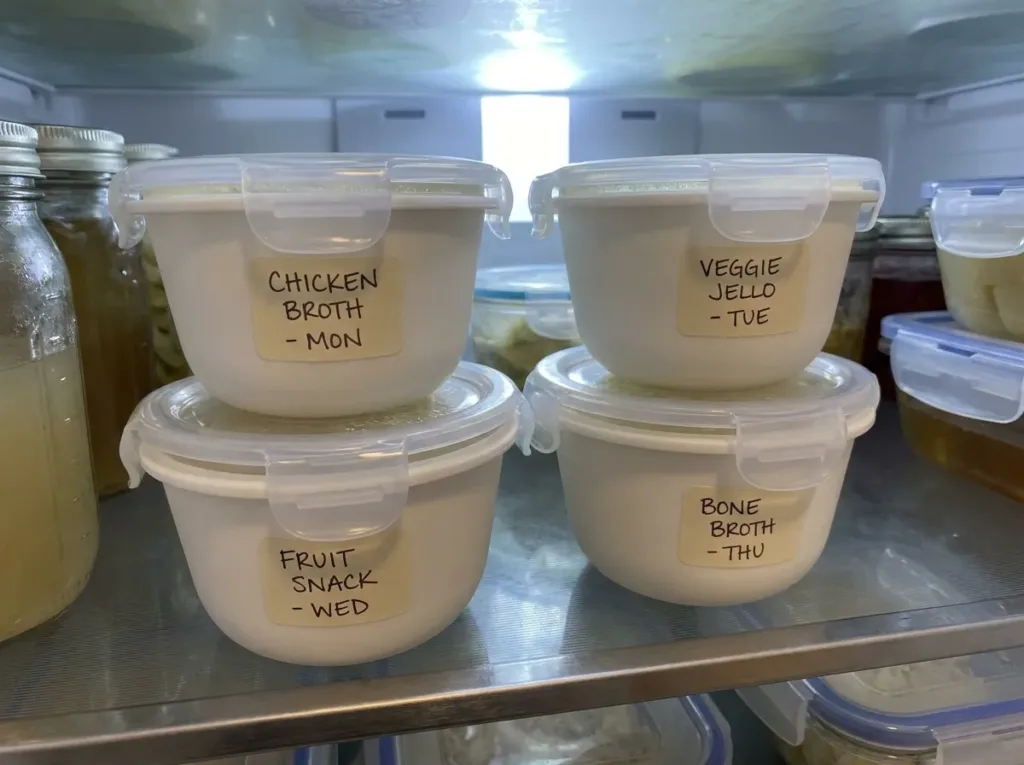 Four lidded silicone cups of bariatric gelatin labeled on a fridge shelf, weekly meal prep