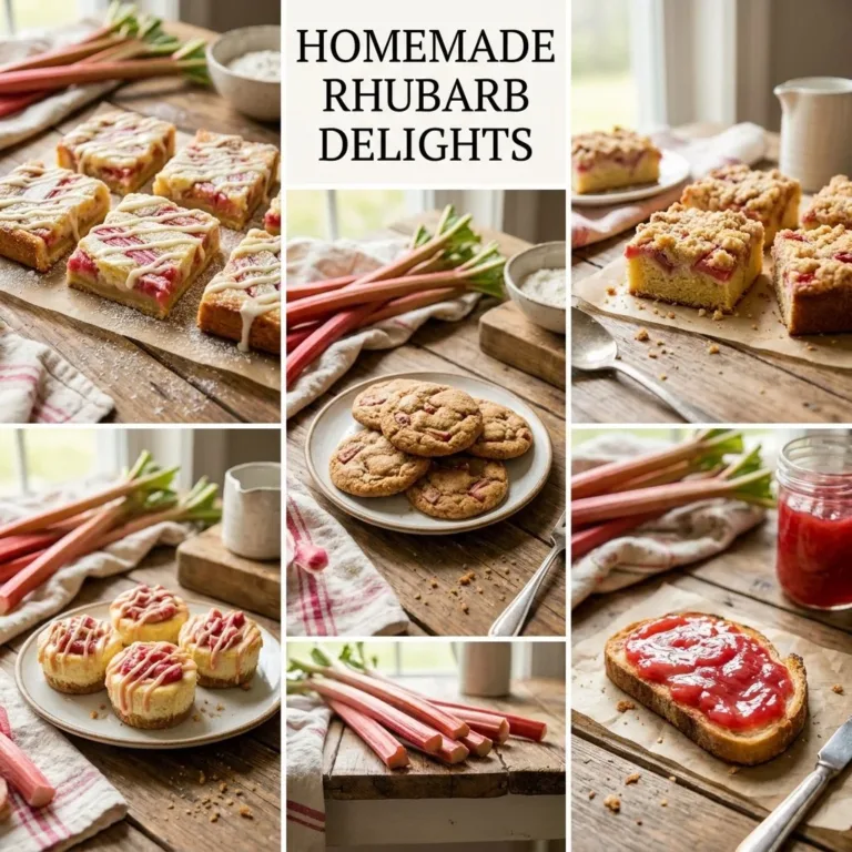 Collection of unique rhubarb recipes including desserts and savory dishes