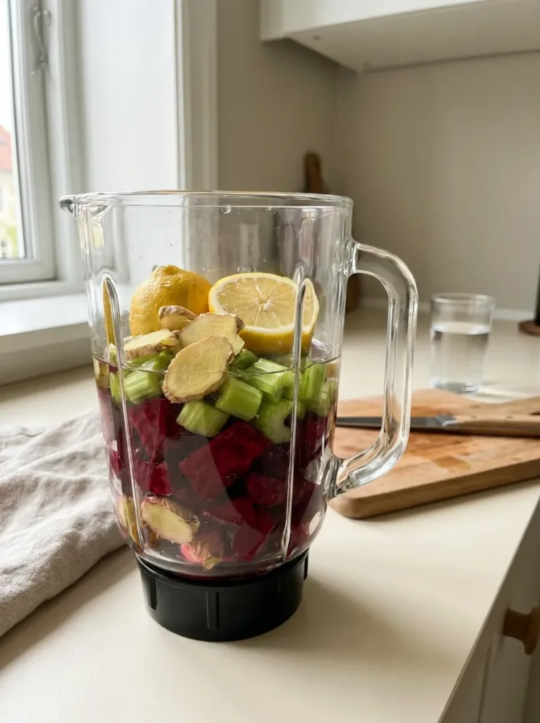 Vitamix blender filled with chopped beets celery and ginger