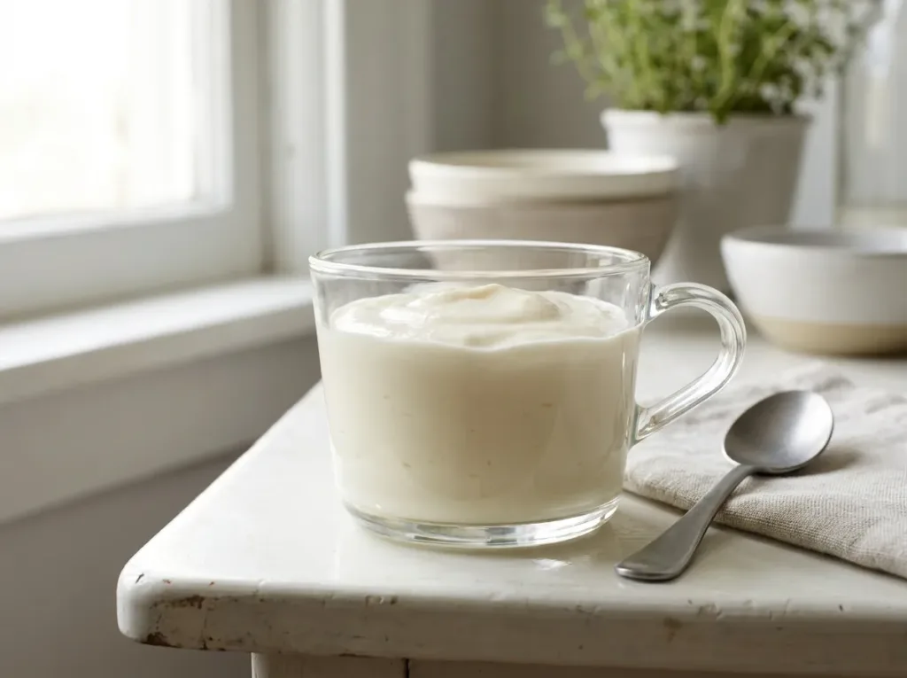 Glass cup of creamy gelatin snack made with Greek yogurt on a white counter with a spoon