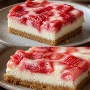 Delicious strawberry rhubarb cheesecake bars on a dessert platter.
