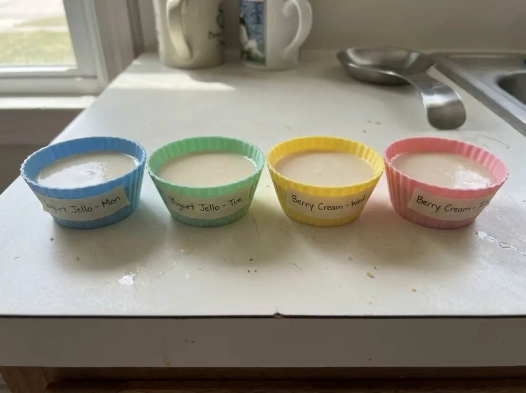 Four sealed silicone cups of gelatin snack lined up in a row on a kitchen counter, meal prep style