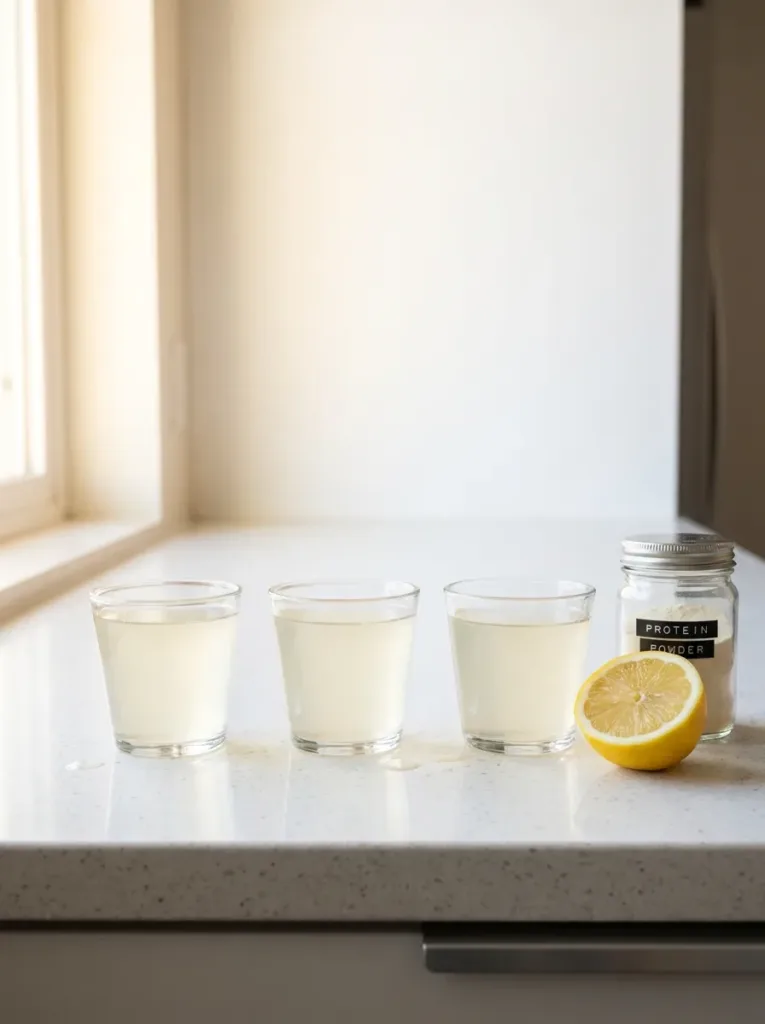 Bariatric gelatin recipe high protein snack in small glass cups with lemon and protein powder jar