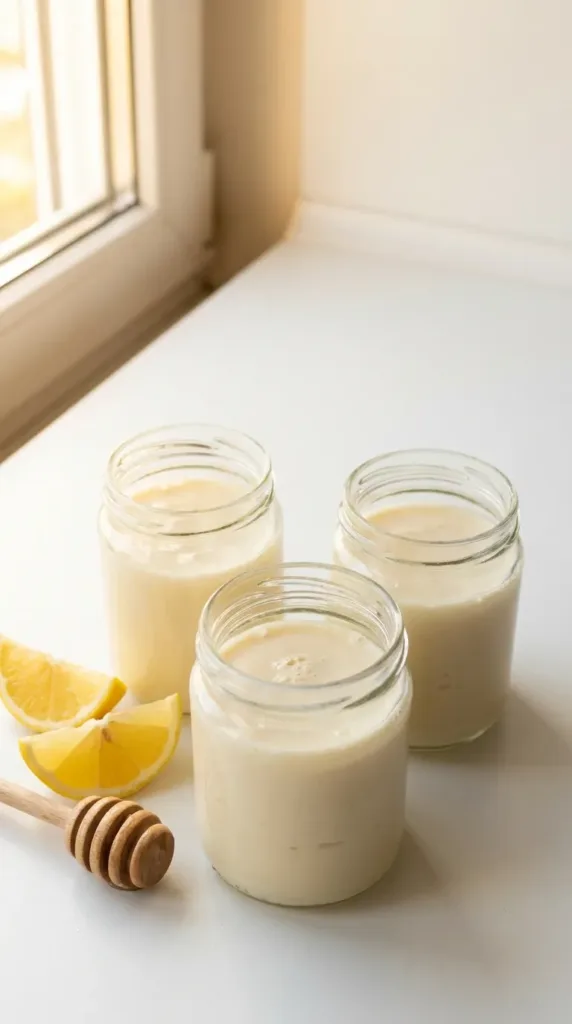 Jillian Michaels gelatin recipe high protein snack in glass cups with lemon and honey on kitchen counter