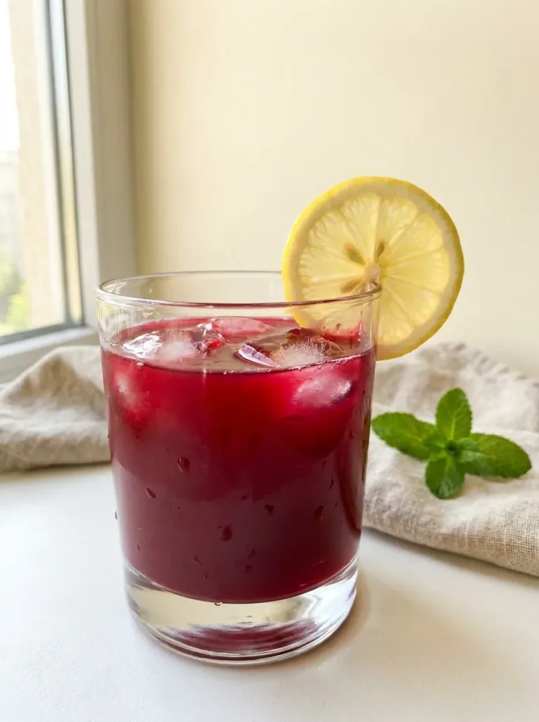 Close-up of red beet juice in tall glass with ice cubes and lemon slice