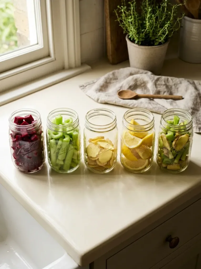 Five small glass jars with chopped beet celery ginger prepped on cream surface