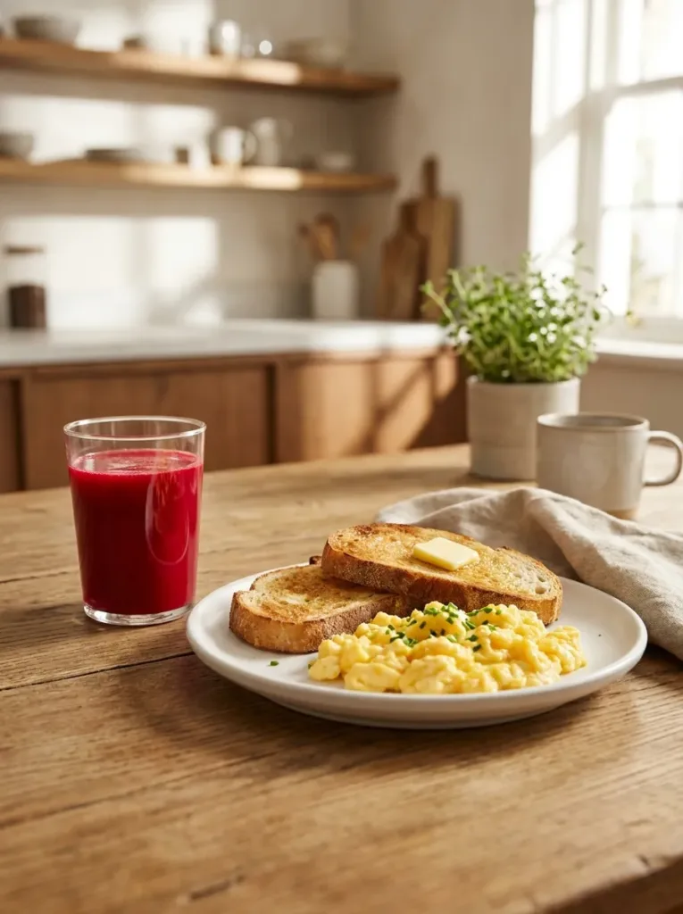 Glass of red beet juice next to eggs and toast on simple plate