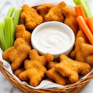 Crispy air fryer dino nuggets served with dipping sauce on a plate.