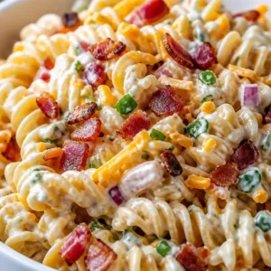 A bowl of Bacon Ranch Pasta Salad with crispy bacon and fresh ingredients.
