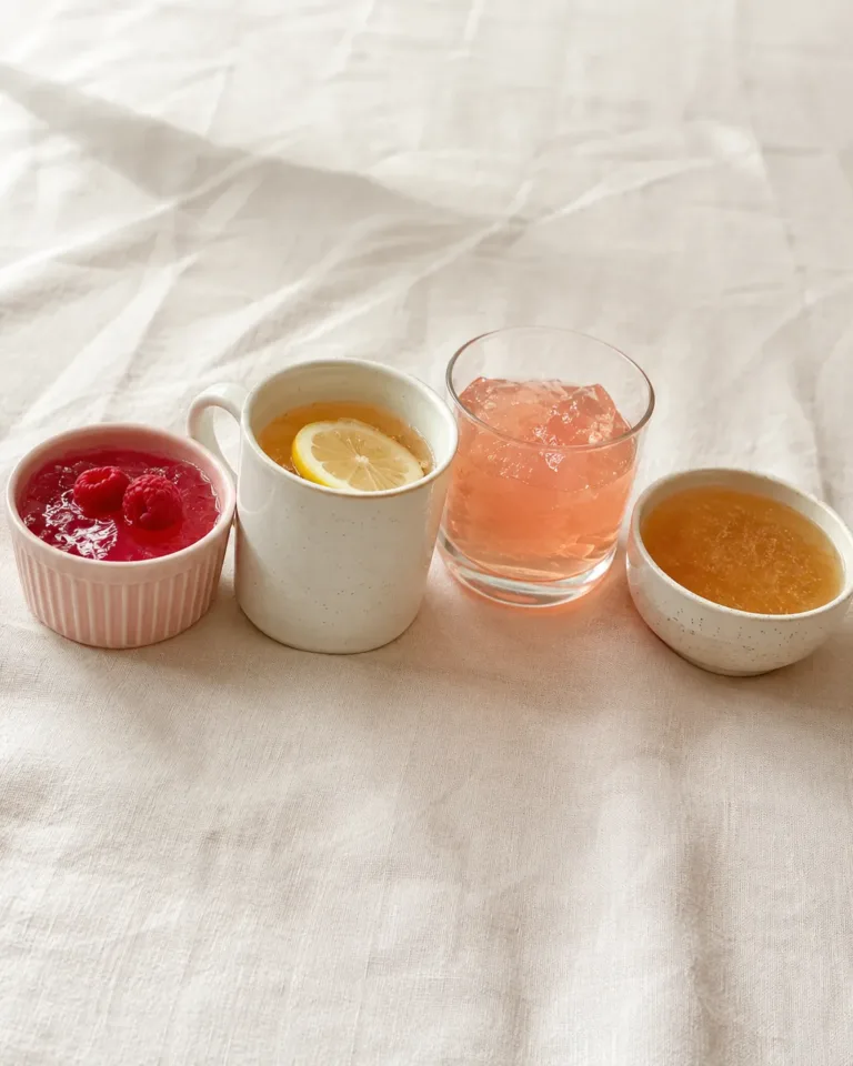 four doctor gelatin recipes compared side by side — pink jello, warm drink, bone broth, strawberry jello