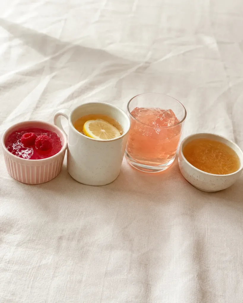 four doctor gelatin recipes compared side by side — pink jello, warm drink, bone broth, strawberry jello